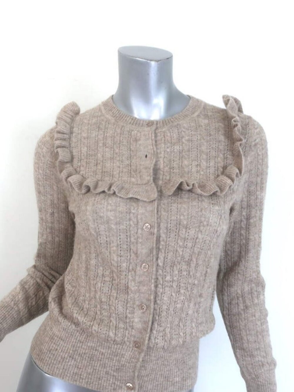 Doen Altheda Ruffled Pointelle Cardigan Oatmeal Alpaca-Wool Size Extra Small